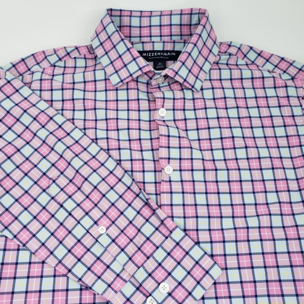 Mizzen Main Shirt Mens Medium M Trim Fit Pink Blue Plaid Performance Stretch